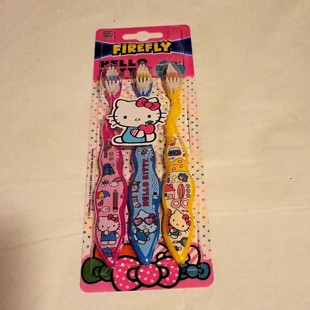 Sanrio Firefly Hello Kitty Toothbrushes Set of 3 Girls Pink Blue Yellow NEW